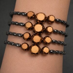 Multi-Strand Black Beaded Stretch Bracelet w/ Bronze Faceted Accents Handmade!